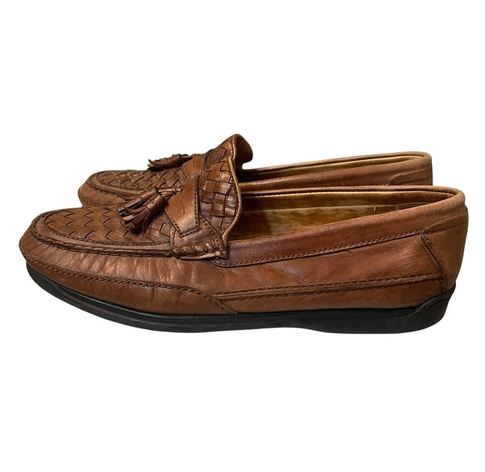 Vintage 80s 90s Dockers Brown Leather Woven Tasseled Loafers Men’s Size 12 USA